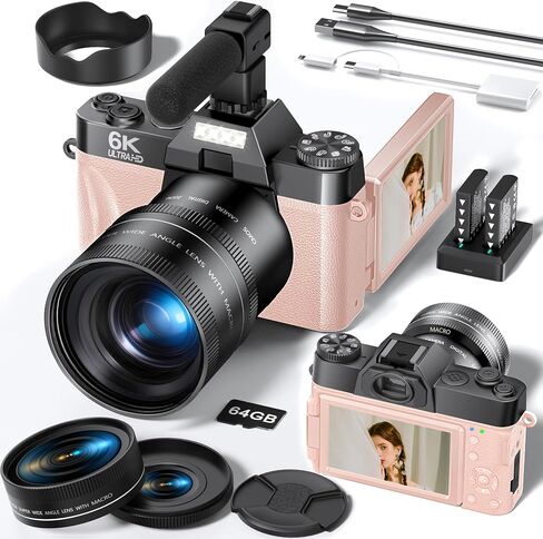 FLATIC Cameras for Photography, 6K 64MP Digital Camera with WiFi & Microphone, Vlogging Camera with 64GB Card, 2 Batteries, Macro & Wide-Angle Lens, Card Reader (6K 64MP, Pink, Digital Zoom) in Saudi Arabia