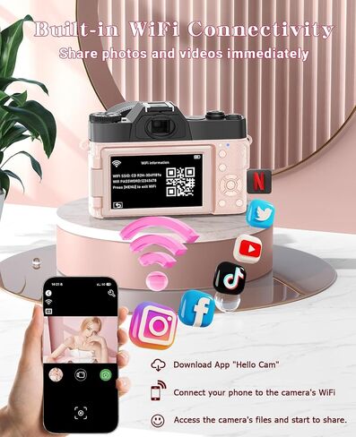 FLATIC Cameras for Photography, 6K 64MP Digital Camera with WiFi & Microphone, Vlogging Camera with 64GB Card, 2 Batteries, Macro & Wide-Angle Lens, Card Reader (6K 64MP, Pink, Digital Zoom) in Saudi Arabia