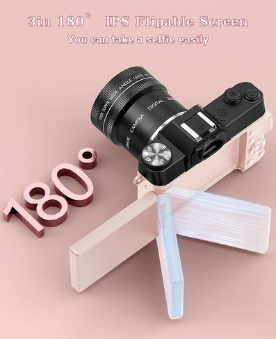 FLATIC Cameras for Photography, 6K 64MP Digital Camera with WiFi & Microphone, Vlogging Camera with 64GB Card, 2 Batteries, Macro & Wide-Angle Lens, Card Reader (6K 64MP, Pink, Digital Zoom) in Saudi Arabia