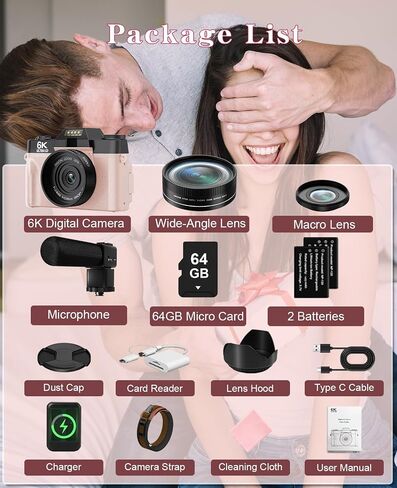 FLATIC Cameras for Photography, 6K 64MP Digital Camera with WiFi & Microphone, Vlogging Camera with 64GB Card, 2 Batteries, Macro & Wide-Angle Lens, Card Reader (6K 64MP, Pink, Digital Zoom) in Saudi Arabia