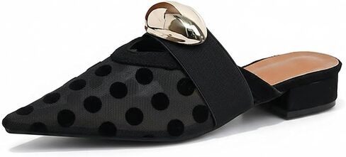 Women's Mesh Gold Buckle Block Heel Mules Stylish Closed Pointed Toe Slip On Backless Low Heel Slides Daily Office Wedding Party Mule Flats in Kuwait