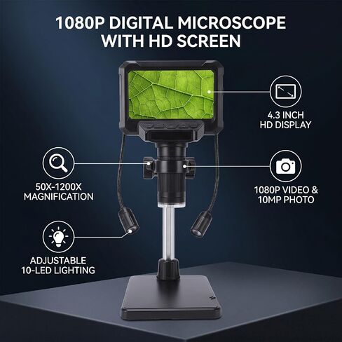 GOWENIC Digital Microscope, 1080P Video 10MP Picture 50X to 1200X Digital Microscope with 4.3 Inch Screen, Lights for Adults Students Boys Girls in Saudi Arabia