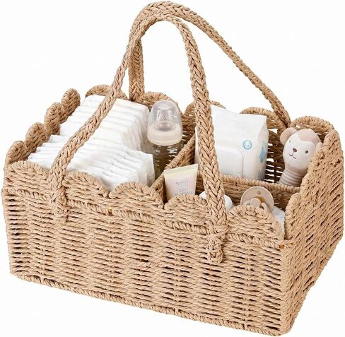 Woven Diaper Caddy for Baby, Paper Rope Storage Bin with Removable Divider, Baby Stuff Organizer for Nursery, Portable Car Storage Basket for Diapers, Baby Shower Gifts, Newborn Essentials Must Haves in Saudi Arabia