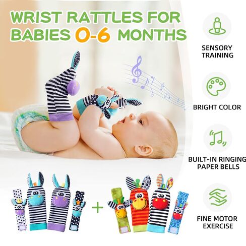 Baby Rattle Socks Set, Hand and Foot Finder Rattles Toys for Babies 0-6 Months, Infant Shower Gifts Set with Wrist Rattle Socks, Newborn Sensory Toy for Boys Girls 0-12 Months in Kuwait
