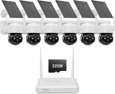 Anlapus Solar Security Camera Wireless Outdoor, 6 x 2.5K 360 Pan/Tilt Wireless Camera with Solar Panel, PIR/AI Detect, Color Night Vision, No Monthly Fee, Spotlight & Siren, 32GB Memory Card in Kuwait