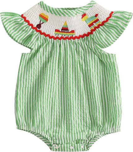 Mexican Fiesta Baby Girl Clothes Fly Sleeve Striped Bubble Romper Smocked Bodysuit Cinco De Mayo Outfits 0-18M in Saudi Arabia
