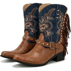 Women's Embroidered Denim Western Boots Vintage Fringe Ankle Boots | denim & leather western boots with fringe, buckle strap, and low block heel. Perfect for country concerts. in Kuwait