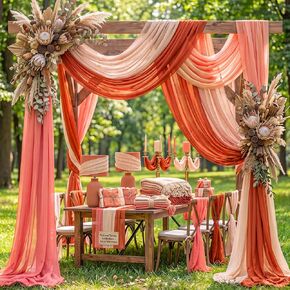 Pink Orange Wedding Arch Draping Fabric 3 Panels 2.46 x 20ft Sheer Chiffon Backdrop in Pink, Rose Red, Orange for Wedding Ceremony, Birthday, Bridal Shower, and Outdoor Party Decoration in Saudi Arabia