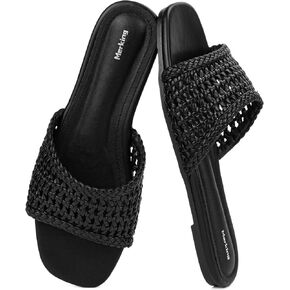 Merking Women's Braided Woven Slides Sandals | Square Toe Slip On Flat Sandal Summer Vacation Beach Slippers Casual Shoes in Kuwait
