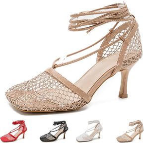 Women's Mesh Square Toe High Heeled Sandals with Ankle Wrap Strap Fashion Fishnet Breathable Lace Up Stiletto Pumps for Summer Party Wedding Date Night Club in Kuwait