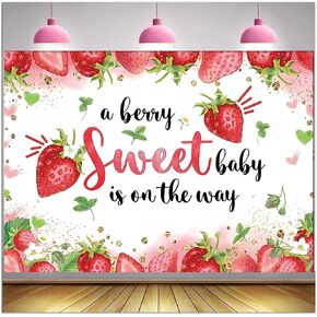 HQM Strawberry Baby Shower Photo Banner Strawberry Girl Baby Shower Newborn Party Decorations Photography Backdrop 71x47.2 in A Berry Sweet Baby is On The Way Background Cake Table Supplies in Saudi Arabia