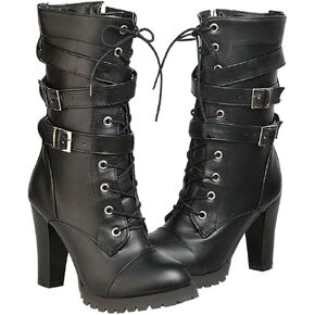 Caradise Womens Lace Up Mid Calf Goth Chunky Heel Combat Boots with Buckles in Kuwait