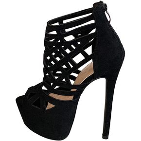 Women Black Strappy Heels Hollow Open Toe Platform Heels, Sexy 6.3 Inch Stiletto High Heels Zipper Ankle Boots Party Prom Stripper Heel Sandals Shoes in Saudi Arabia
