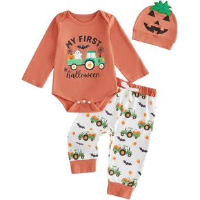 Newborn Baby Boy Halloween Outfit Letter Pumpkin Romper Long Pants with Hat | My First Halloween Baby Boy Outfit Pumpkin Embroidery Bodysuit Casual Pants Toddler Infant Fall Winter Clothes in Saudi Arabia