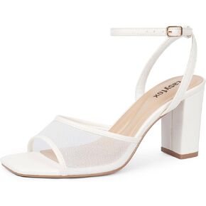 Easyfox White Heels for Women Open Toe Mesh Chunky High Heel Sandals, 7.5 | Breathable Mesh Upper, Square Toe, Chunky Block Heel, Cushioned Insole, Dress Sandals for Dates,Wedding and Daily Outfits in Saudi Arabia