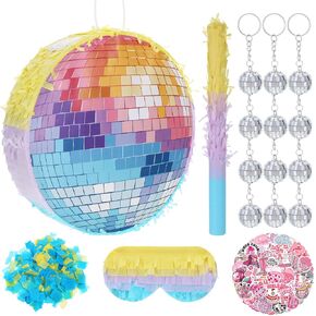 Disco Ball Piñata 12.5 Inch Set with Stick, Satin Blindfold, Decals and Mirror Balls for Party | Piñata for Adults Disco Theme Event Music Lover Celebration Wedding Decoration Photography Props in Kuwait