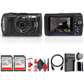 OM SYSTEM Tough TG-7 Digital Camera (Black) (V110030BU000) Bundle Including: 2x 128 GB Memory Card, Rechargeable Battery, Battery Charger, HDMI Cable, Card Reader, Hand Strap, Cap Keeper, Cleaning Kit in Kuwait