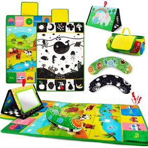 Tummy Time Mirror & Play Mat & Pillow 3-in-1, High Contrast Baby Toys | Black and White Activity Mat for Early Education, Newborn Infant Tummy Time Toy Set for 0 3 6 12 Month Crinkle Squeake in Kuwait