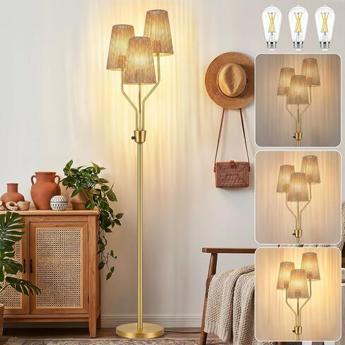 Bairth Boho Floor Lamp, Farmhouse Rattan 3-Light Floor Lamp for Living Room | Tree Floor Lamp with 3x8W E26 Bulbs, 69" Fully Dimmable Standing Woven Lamp Rattan Shade for Bohemian Bedroom,Nursery, Black in Kuwait