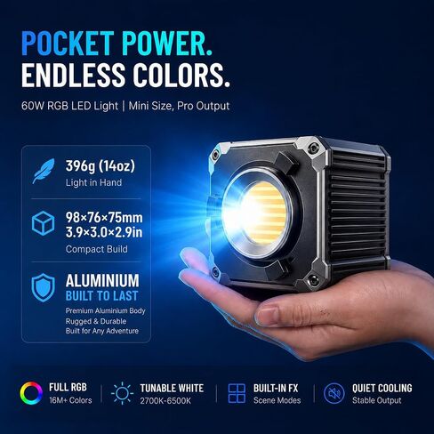 KS60R 60W Portable RGB LED Video Light, APP/Panel Control, 2700K-6500K, CRI 95+, COB Continuous Lighting for Photography, Video Recording, Studio, Live Streaming in Saudi Arabia