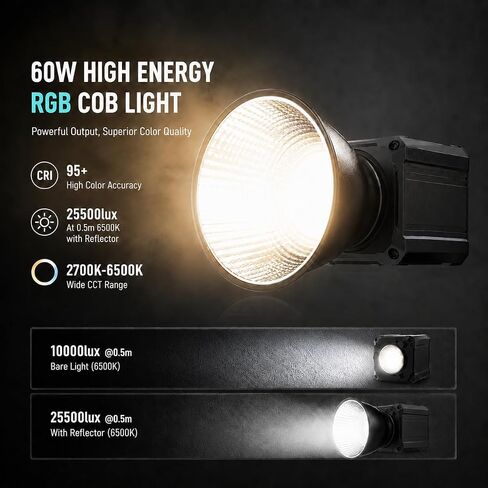 KS60R 60W Portable RGB LED Video Light, APP/Panel Control, 2700K-6500K, CRI 95+, COB Continuous Lighting for Photography, Video Recording, Studio, Live Streaming in Saudi Arabia
