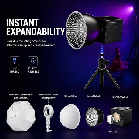 KS60R 60W Portable RGB LED Video Light, APP/Panel Control, 2700K-6500K, CRI 95+, COB Continuous Lighting for Photography, Video Recording, Studio, Live Streaming in Saudi Arabia