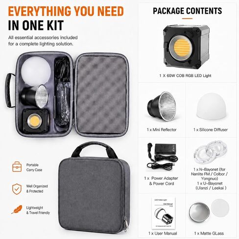 KS60R 60W Portable RGB LED Video Light, APP/Panel Control, 2700K-6500K, CRI 95+, COB Continuous Lighting for Photography, Video Recording, Studio, Live Streaming in Saudi Arabia