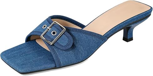 Women's Denim Kitten Heel Slide Sandals Fashion Square Open Toe Backless Adjustable Metal Buckle Slip on Low Heel Sandals for Party Prom Date in Kuwait