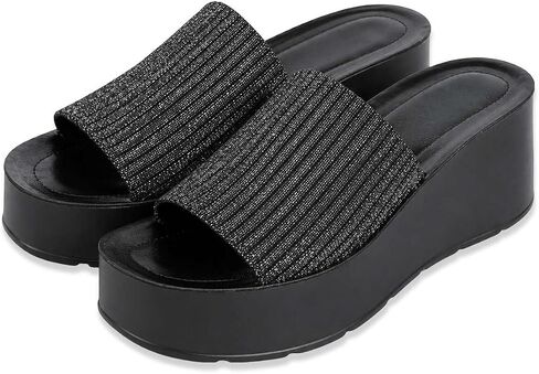 Platform Sandals for Women Open Toe Knit Wedges Slides Summer Comfortable Outdoor Chunky Slide Sandals in Kuwait