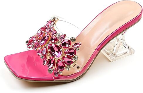 Women'S Clear Flower Square Open Toe Flared Heel Slide Sandals Fashion Transparent Wine Glasses Heel Dress Mules Sandals For Summer Party, Wedding Prom in Kuwait