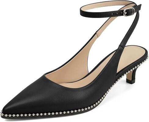 Eldof هريرة الكعوب للنساء Slingback كعب مضخات الكاحل حزام أشار مغلق اصبع القدم كعب منخفض مطرز فستان كاجوال أحذية 1.5 بوصة in Kuwait