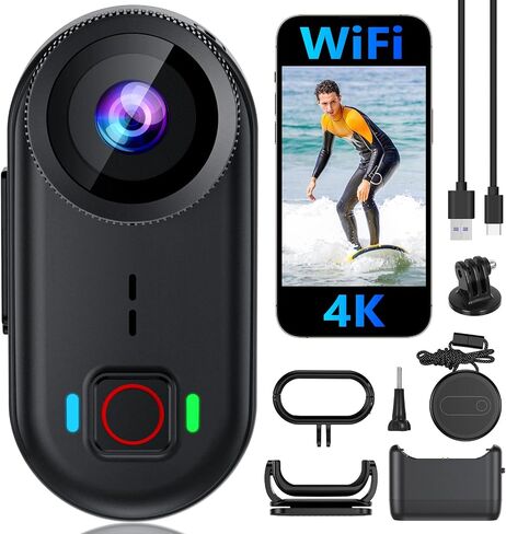 4K Mini Action Camera with WiFi, 64GB Wearable Thumb Body Camera, 150° POV Sports Camera with EIS Stabilization, 33FT Waterproof, Magnetic Clip Mount, 300 Min Battery Life for Bike, Travel, Pet, Vlog in Saudi Arabia