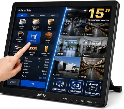 15-Inch Touchscreen Monitor, 1024x768 HD 4:3 Aspect Ratio LCD Display, BNC HDMI VGA AV USB Input, 400cd/m² High Brightness Touch Screen for POS Kiosk Industrial Security, Built-in Speakers in Saudi Arabia