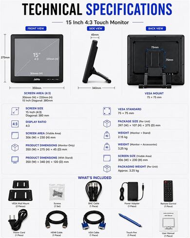 15-Inch Touchscreen Monitor, 1024x768 HD 4:3 Aspect Ratio LCD Display, BNC HDMI VGA AV USB Input, 400cd/m² High Brightness Touch Screen for POS Kiosk Industrial Security, Built-in Speakers in Saudi Arabia