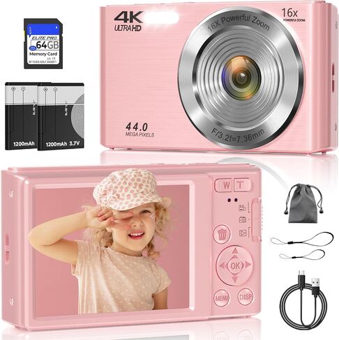 Digital Camera FHD 4K Kids Camera 44MP with 64GB SD Card (Cream) | Autofocus in Saudi Arabia