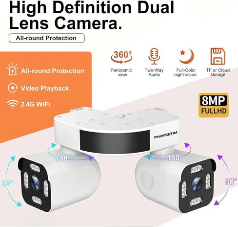 8MP Smart Wireless 2.4Ghz Wifi Security Camera Indoor & Outdoor,Dual Lens PTZ Surveillance Cameras Inside And Outside,AI Motion Detection,waterproof IP66,360° panoramic outer corner mounting in Kuwait