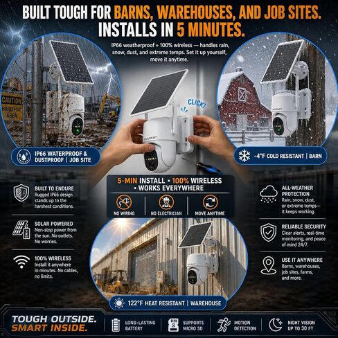 No WiFi Security Cameras Wireless Outdoor, Solar Powered, Ranch Camera | 2K HD Color Night Vision, 360° PTZ, Smart Detection, 2-Way Talk, IP66 Waterproof, Suitable for Ranch/Jobsite Farm/Outdoors in Saudi Arabia