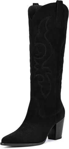 Suede Cowboy Boots for Women - Black Western Knee High Cowgirl Boots with Side Zipper, Country Pointed Toe Tall Block Heel Pull On Long Boot Fall Winter Concert Rodeo Festival Daily Size 8.5 in Saudi Arabia