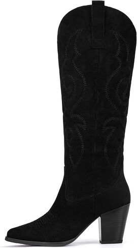 Suede Cowboy Boots for Women - Black Western Knee High Cowgirl Boots with Side Zipper, Country Pointed Toe Tall Block Heel Pull On Long Boot Fall Winter Concert Rodeo Festival Daily Size 8.5 in Saudi Arabia