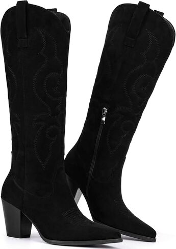Suede Cowboy Boots for Women - Black Western Knee High Cowgirl Boots with Side Zipper, Country Pointed Toe Tall Block Heel Pull On Long Boot Fall Winter Concert Rodeo Festival Daily Size 8.5 in Saudi Arabia