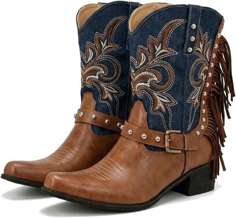Women's Embroidered Denim Western Boots Vintage Fringe Ankle Boots | denim & leather western boots with fringe, buckle strap, and low block heel. Perfect for country concerts. in Kuwait