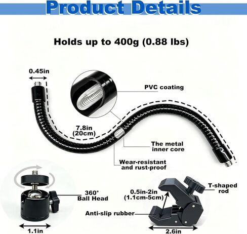 20cm Gooseneck Clamp Camera Mount with 1/4" Screw and 360° Ball Head, Flexible Clip Mount for Handlebar, Desk, Tube, Cross Bar – Compatible with GoPro, Ring, Google Nest, Wyze, Arlo in Saudi Arabia