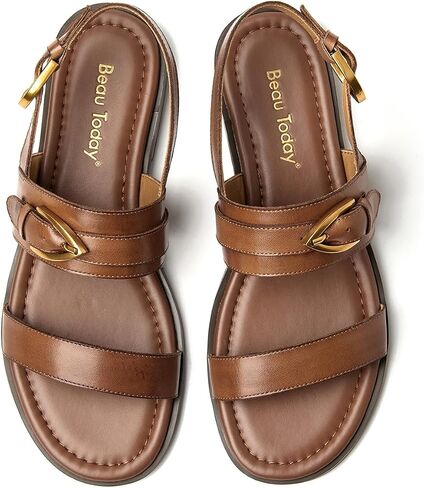 BEAU TODAY Flat Sandals for Women,Adjustable Strappy Sandals for Women,Summer Fashion Comfortable Open-Toe Wide Dress Leather Sandals for Vacation Hiking in Saudi Arabia