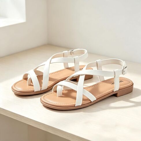 Veittes Women's Gladiator Flat Sandals,Non-slip soles, comfortable and lightweight, open-toe summer flip-flop sandals, White,Size 9 US in Kuwait