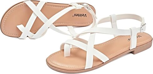 Veittes Women's Gladiator Flat Sandals,Non-slip soles, comfortable and lightweight, open-toe summer flip-flop sandals, White,Size 9 US in Kuwait