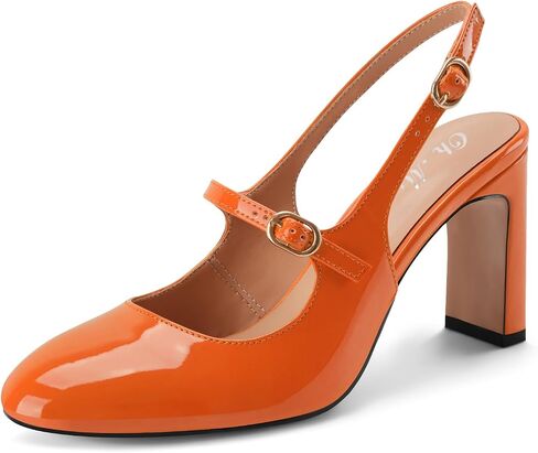 Women's Mary Jane Slingback Chunky High Heels Closed Round Toe Pumps | Block Patent Leather Buckle Strap Dress Shoes in Saudi Arabia
