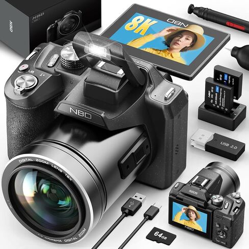 8K 64MP Digital Cameras for Photography - 16X Zoom Autofocus, WiFi, with 180° Flip Screen, 64G TF Card & 2 Batteries, Professional Camera for YouTube Vlogging Live Streaming (Black) in Saudi Arabia