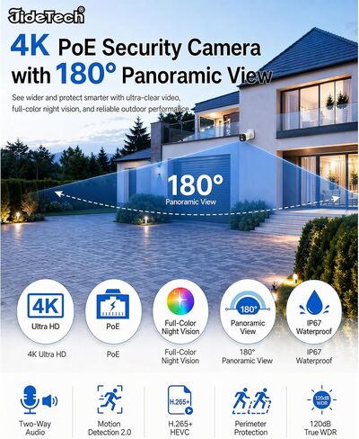 JideTech 8MP 4K PoE Camera, 180° Panoramic Outdoor Security Camera | 180° ultra-wide view, AI detection, 98ft color night vision, two-way audio, supports ONVIF NVR, RTSP and RTMP in Saudi Arabia