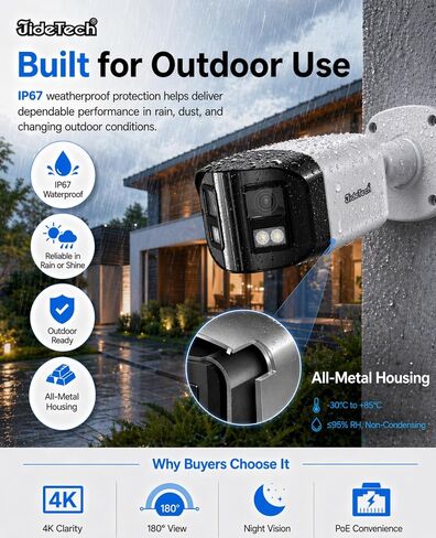 JideTech 8MP 4K PoE Camera, 180° Panoramic Outdoor Security Camera | 180° ultra-wide view, AI detection, 98ft color night vision, two-way audio, supports ONVIF NVR, RTSP and RTMP in Saudi Arabia