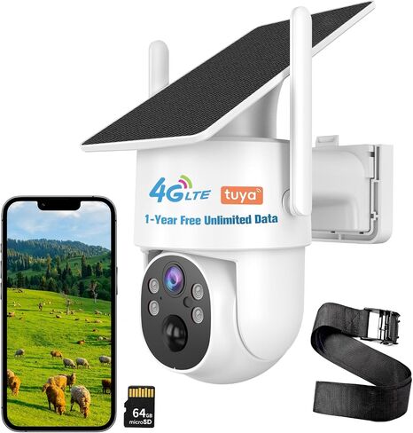 4G LTE Cellular Security Camera,Wireless Solar Security Camera | 365 Days Unlimited Data,2K Color Night Vision,360° Live View,Real-time Alerts,Motion Sensor,64G TF Card, No WiFi Needed in Kuwait